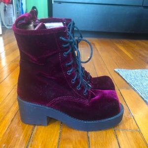 Jeffrey Campbell square toed burgundy velvet boots